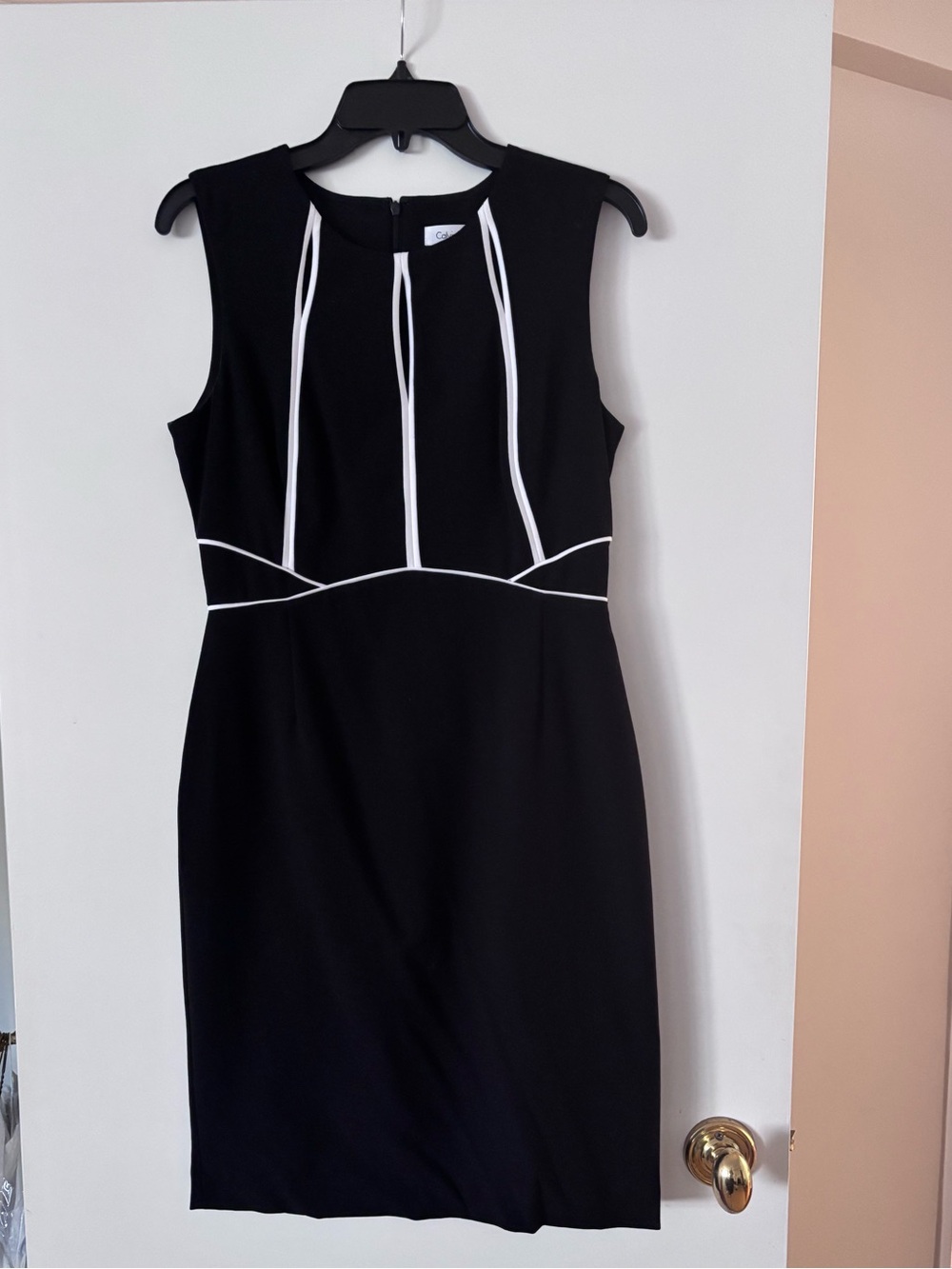 Calvin Klein Sleeveless Black Sheath Dress with White Piping